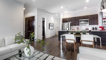 New Haven apartment for rent - A modern living room with a glass coffee table and a white sofa.