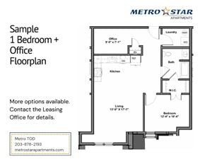 Milford apartment for rent - A floor plan for a 1 bedroom plus office apartment is shown.