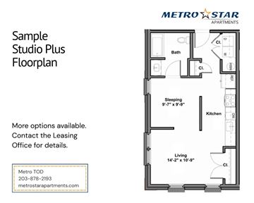 Milford apartment for rent - A floor plan for a studio apartment with a living area, kitchen, and bathroom.