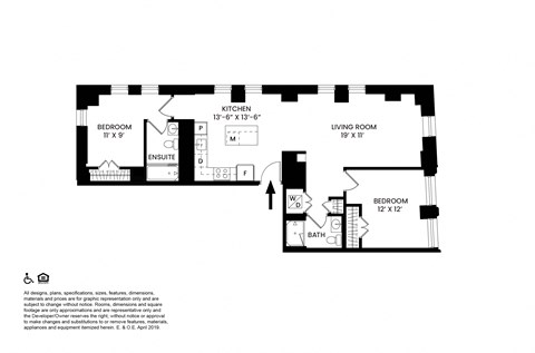 Floor plan for 2 beds, 2 baths, 932 sqft