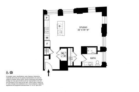 Floor plan for studio, 1 bath, 570 sqft