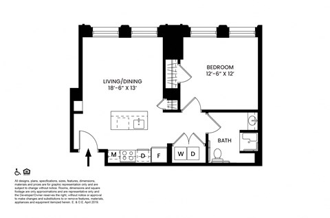 Floor plan for 1 bed, 1 bath, 593 sqft