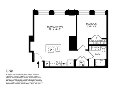 Floor plan for 1 bed, 1 bath, 593 sqft