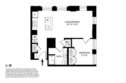 Floor plan for 1 bed, 1 bath, 582 sqft