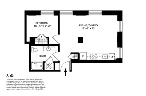 Floor plan for 1 bed, 1 bath, 582 sqft