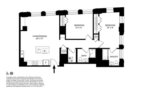 Floor plan for 2 beds, 2 baths, 1000 sqft