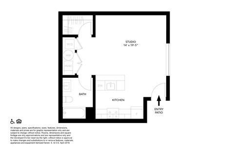 Floor plan for studio, 1 bath, 542 sqft