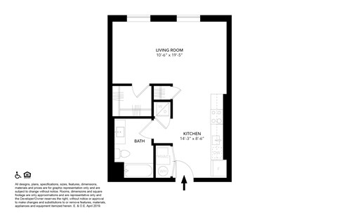 Floor plan for studio, 1 bath, 545 sqft