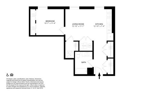 Floor plan for 1 bed, 1 bath, 677 sqft