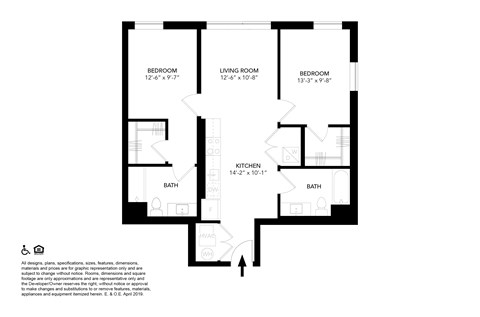 Floor plan for 2 beds, 2 baths, 897 sqft