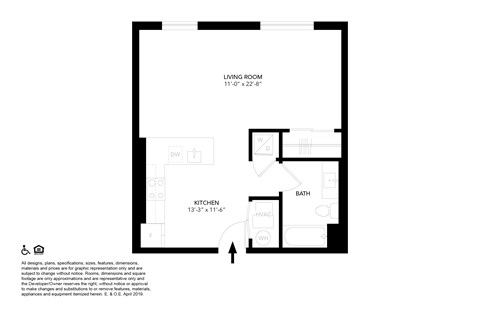 Floor plan for studio, 1 bath, 579 sqft