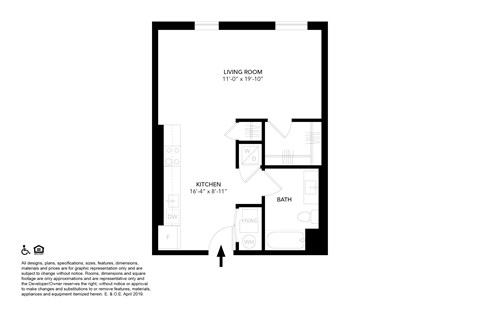Floor plan for studio, 1 bath, 584 sqft