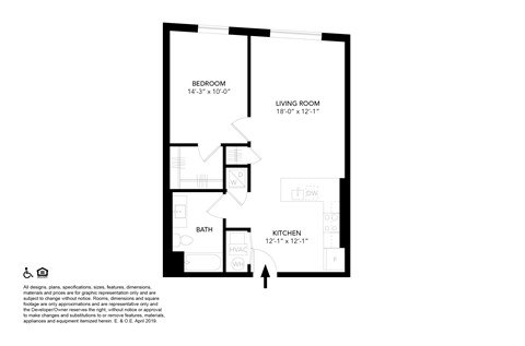 Floor plan for 1 bed, 1 bath, 722 sqft
