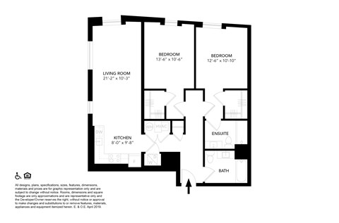 Floor plan for 2 beds, 2 baths, 1055 sqft
