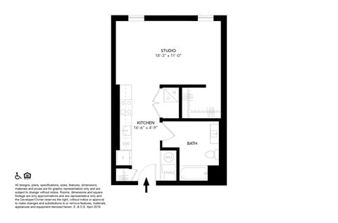 Floor plan for studio, 1 bath, 534 sqft