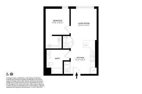 Floor plan for 1 bed, 1 bath, 617 sqft