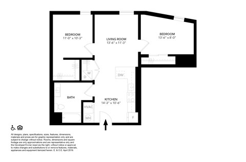 Floor plan for 2 beds, 1 bath, 783 sqft