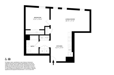 Floor plan for 1 bed, 1 bath, 894 sqft