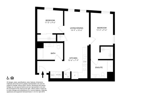 Floor plan for 2 beds, 2 baths, 917 sqft