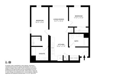 Floor plan for 2 beds, 2 baths, 977 sqft
