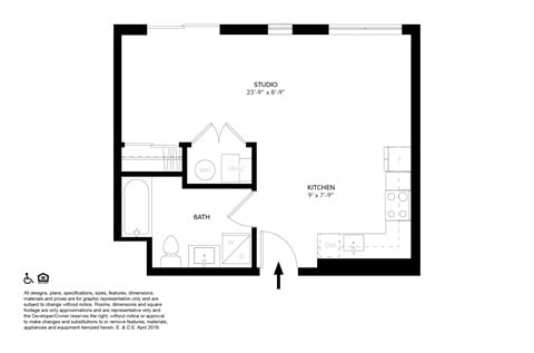 Floor plan for studio, 1 bath, 445 sqft