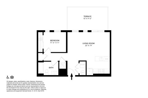 Floor plan for 1 bed, 1 bath, 608 sqft