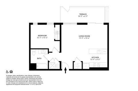 Floor plan for 1 bed, 1 bath, 623 sqft