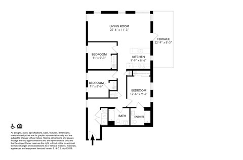 Floor plan for 3 beds, 2 baths, 1181 sqft