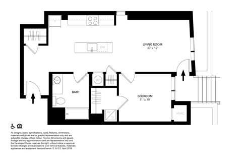 Floor plan for 1 bed, 1 bath, 665 sqft