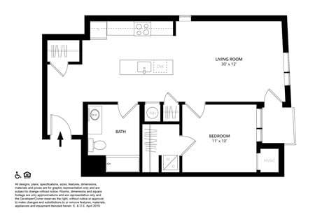 Floor plan for 1 bed, 1 bath, 685 sqft