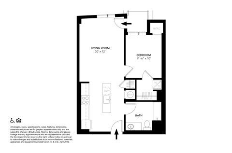 Floor plan for 1 bed, 1 bath, 600 sqft