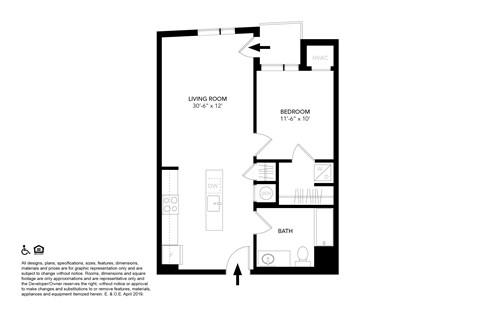 Floor plan for 1 bed, 1 bath, 620 sqft