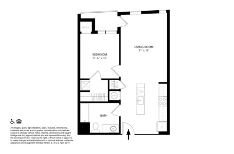 Floor plan for 1 bed, 1 bath, 630 sqft