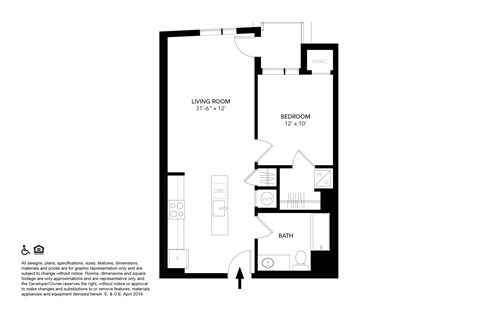 Floor plan for 1 bed, 1 bath, 620 sqft