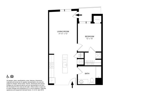 Floor plan for 1 bed, 1 bath, 640 sqft
