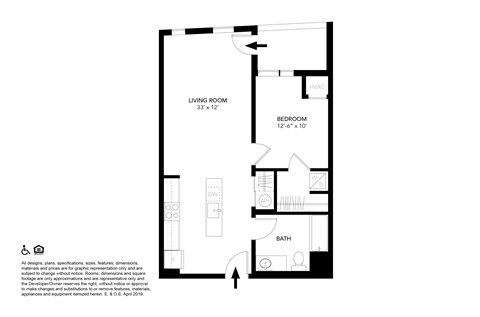 Floor plan for 1 bed, 1 bath, 645 sqft