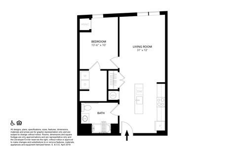 Floor plan for 1 bed, 1 bath, 660 sqft