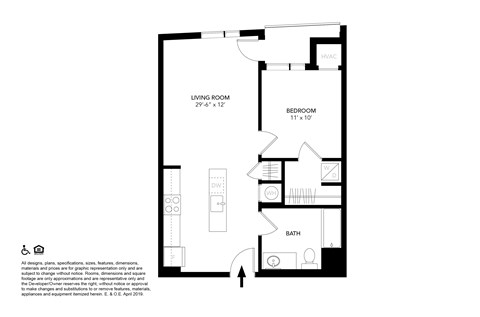 Floor plan for 1 bed, 1 bath, 605 sqft
