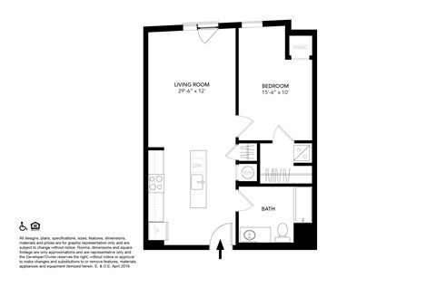 Floor plan for 1 bed, 1 bath, 635 sqft