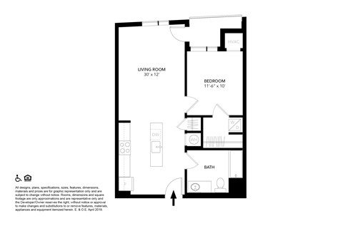 Floor plan for 1 bed, 1 bath, 625 sqft