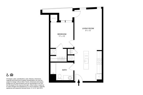 Floor plan for 1 bed, 1 bath, 625 sqft