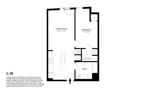 Floor plan for 1 bed, 1 bath, 680 sqft