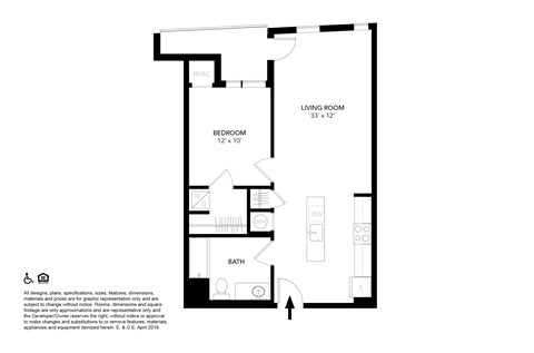 Floor plan for 1 bed, 1 bath, 660 sqft