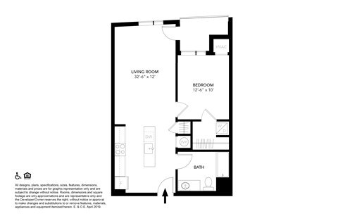 Floor plan for 1 bed, 1 bath, 660 sqft
