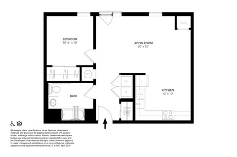 Floor plan for 1 bed, 1 bath, 665 sqft