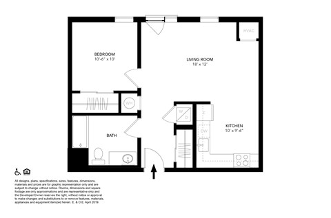 Floor plan for 1 bed, 1 bath, 620 sqft