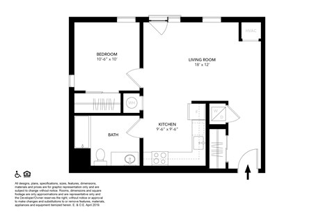 Floor plan for 1 bed, 1 bath, 615 sqft