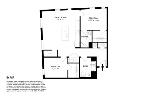 Floor plan for 2 beds, 2 baths, 1035 sqft