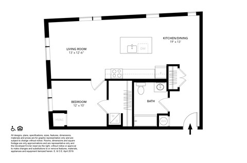Floor plan for 1 bed, 1 bath, 735 sqft