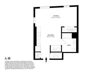 Floor plan for studio, 1 bath, 500 sqft